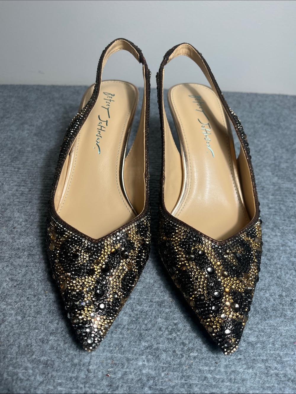 Betsey Johnson Black and Gold Embellished Pointed Slingback Flats